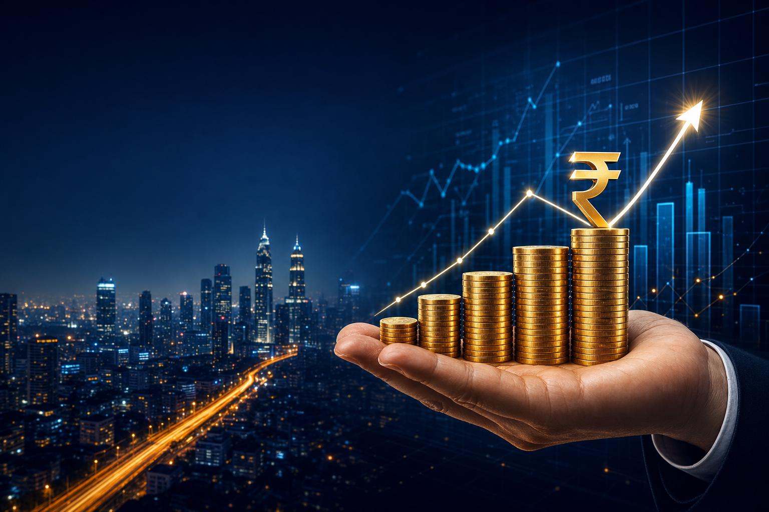 Financial growth with rising gold coins and city skyline